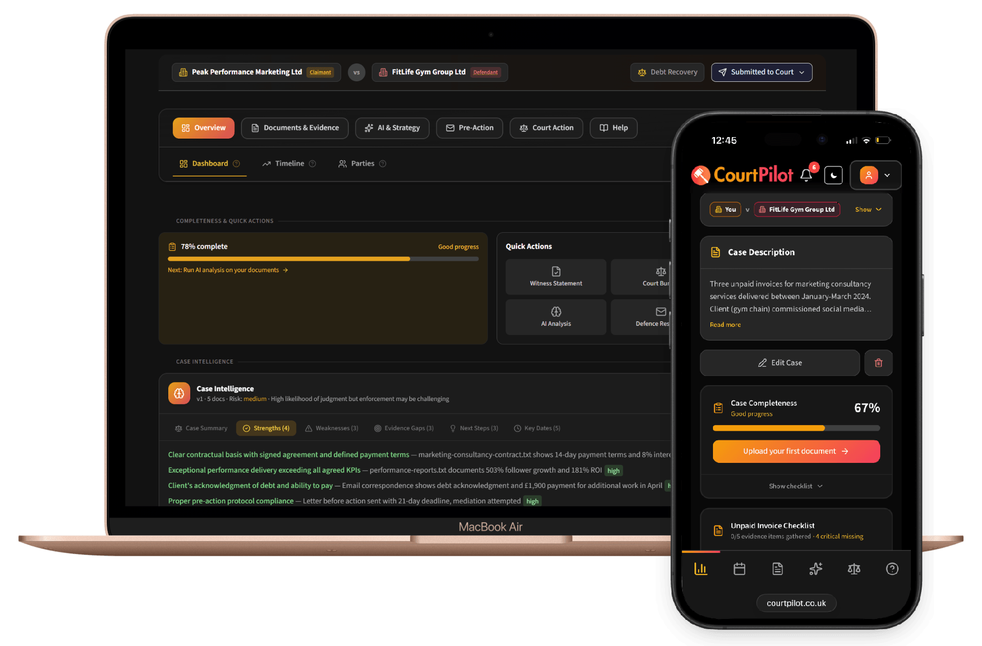 CourtPilot dashboard showing case overview with document uploads, 85% evidence strength rating, and AI analysis summary