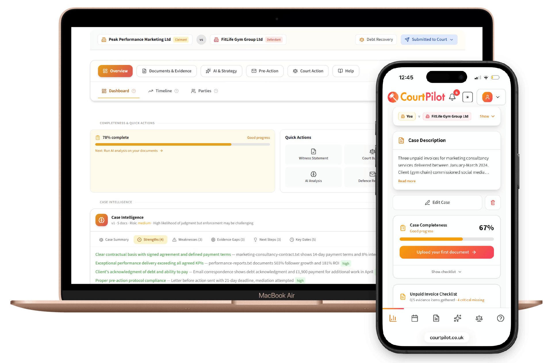 CourtPilot dashboard showing case overview with document uploads, 85% evidence strength rating, and AI analysis summary