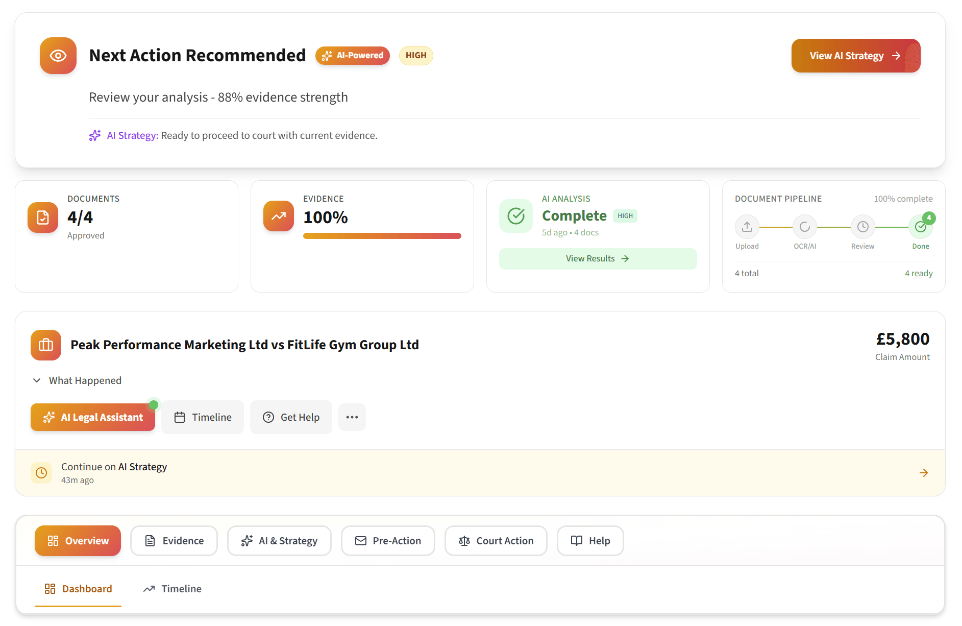 CourtPilot dashboard showing case overview with document uploads, 85% evidence strength rating, and AI analysis summary