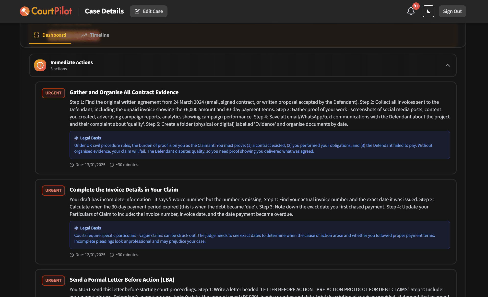 Comprehensive AI analysis showing strategic options with pros and cons, planning checklist, and issue-spotting to help users understand their small claim