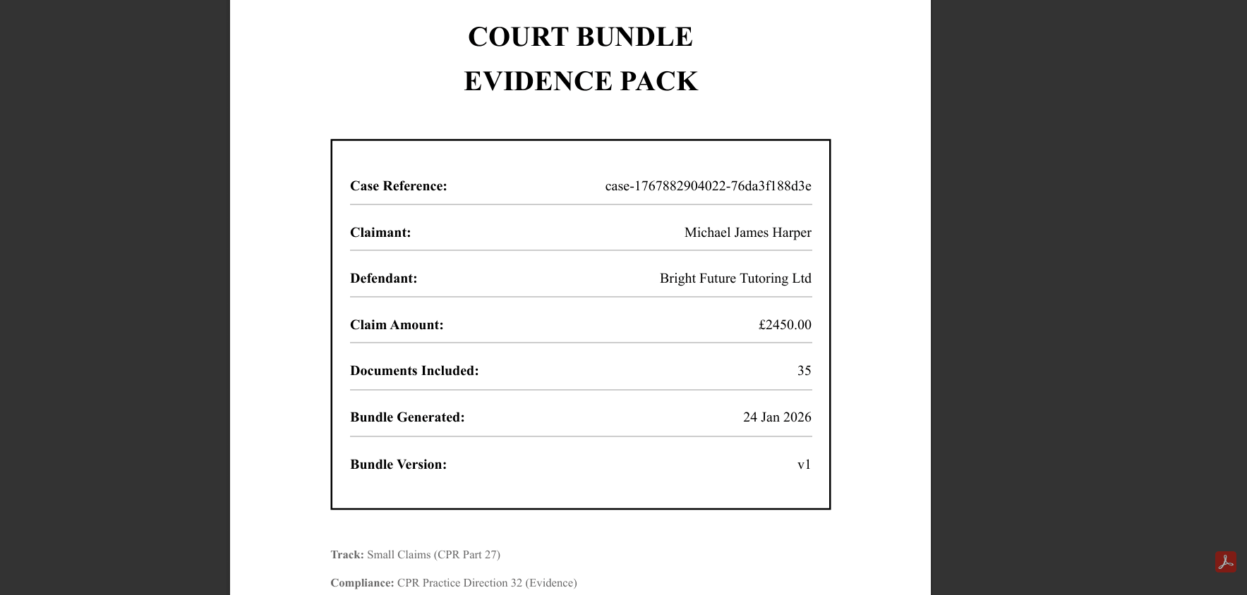 Court bundle generation interface showing indexed sections including case summary, chronology, evidence documents, witness statements, and correspondence