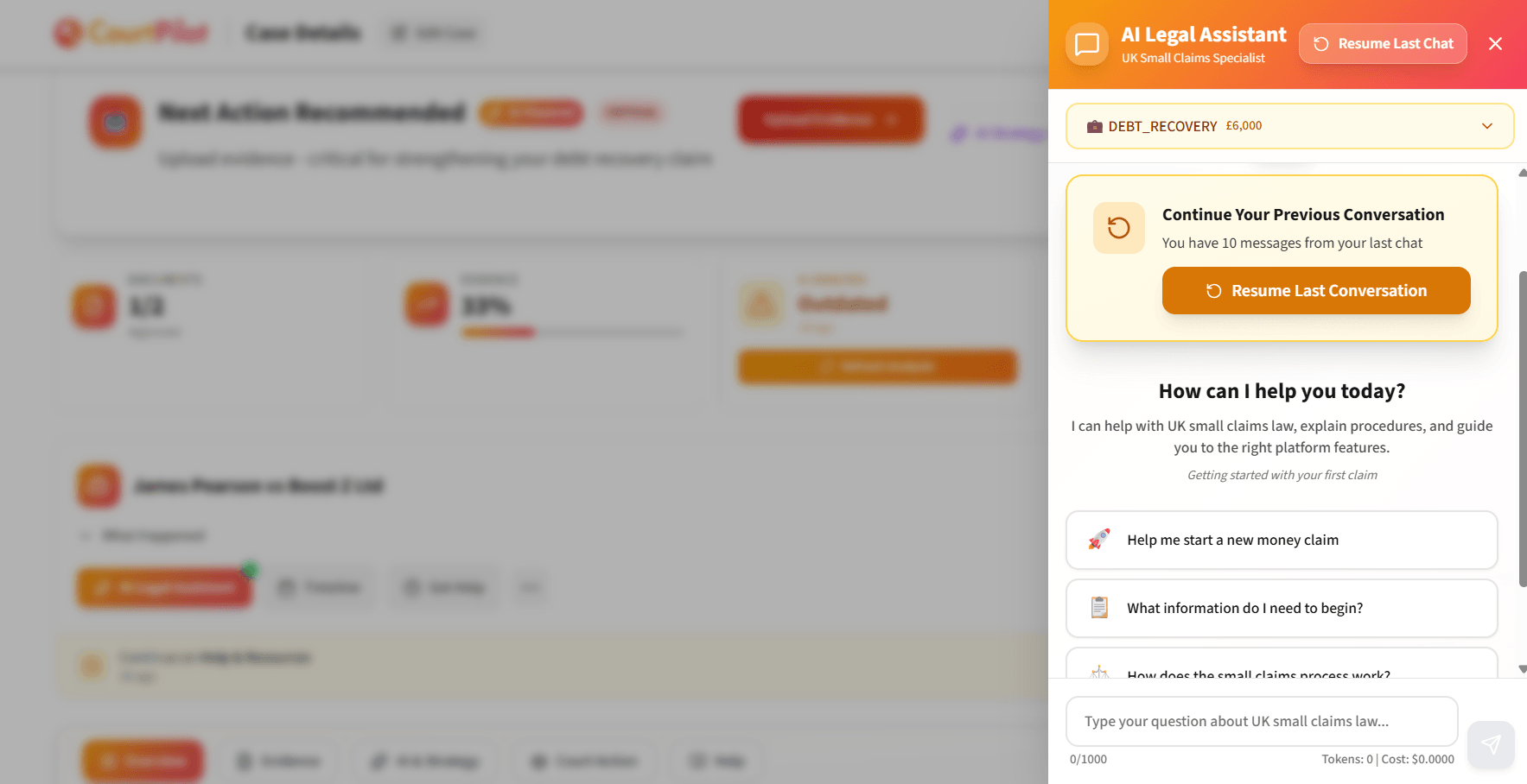 AI chat interface showing conversation about UK small claims procedures with helpful information and suggestions for the user to research further