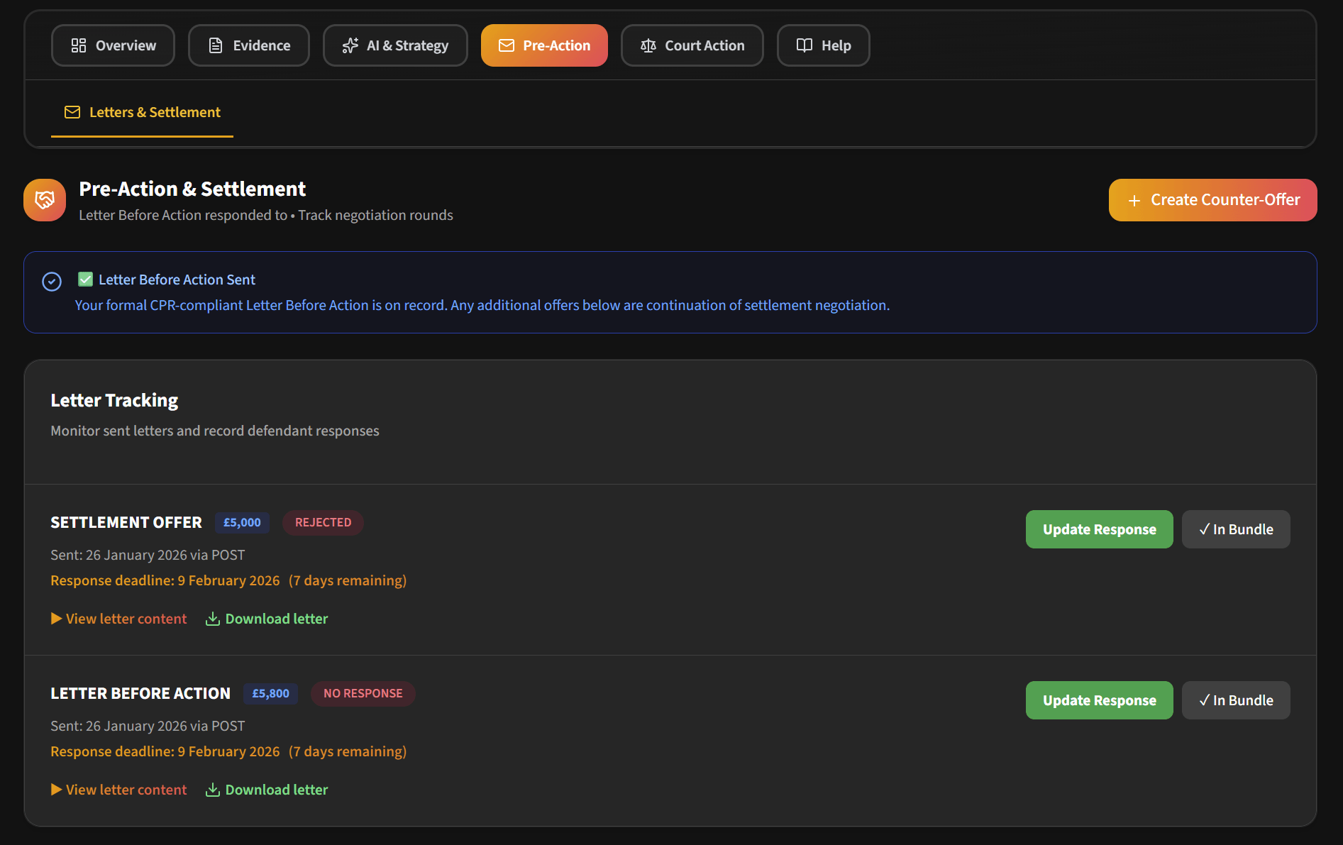 Letter Before Action interface showing generated correspondence with negotiation history, settlement offers, and pre-action protocol compliance indicators
