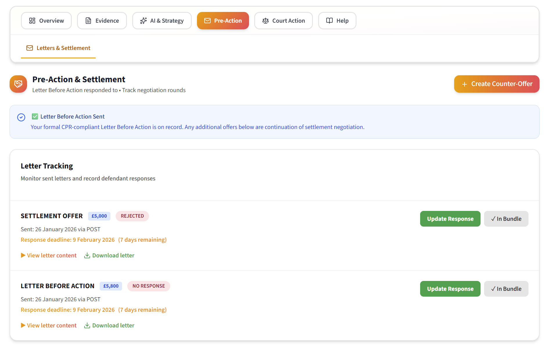Letter Before Action interface showing generated correspondence with negotiation history, settlement offers, and pre-action protocol compliance indicators