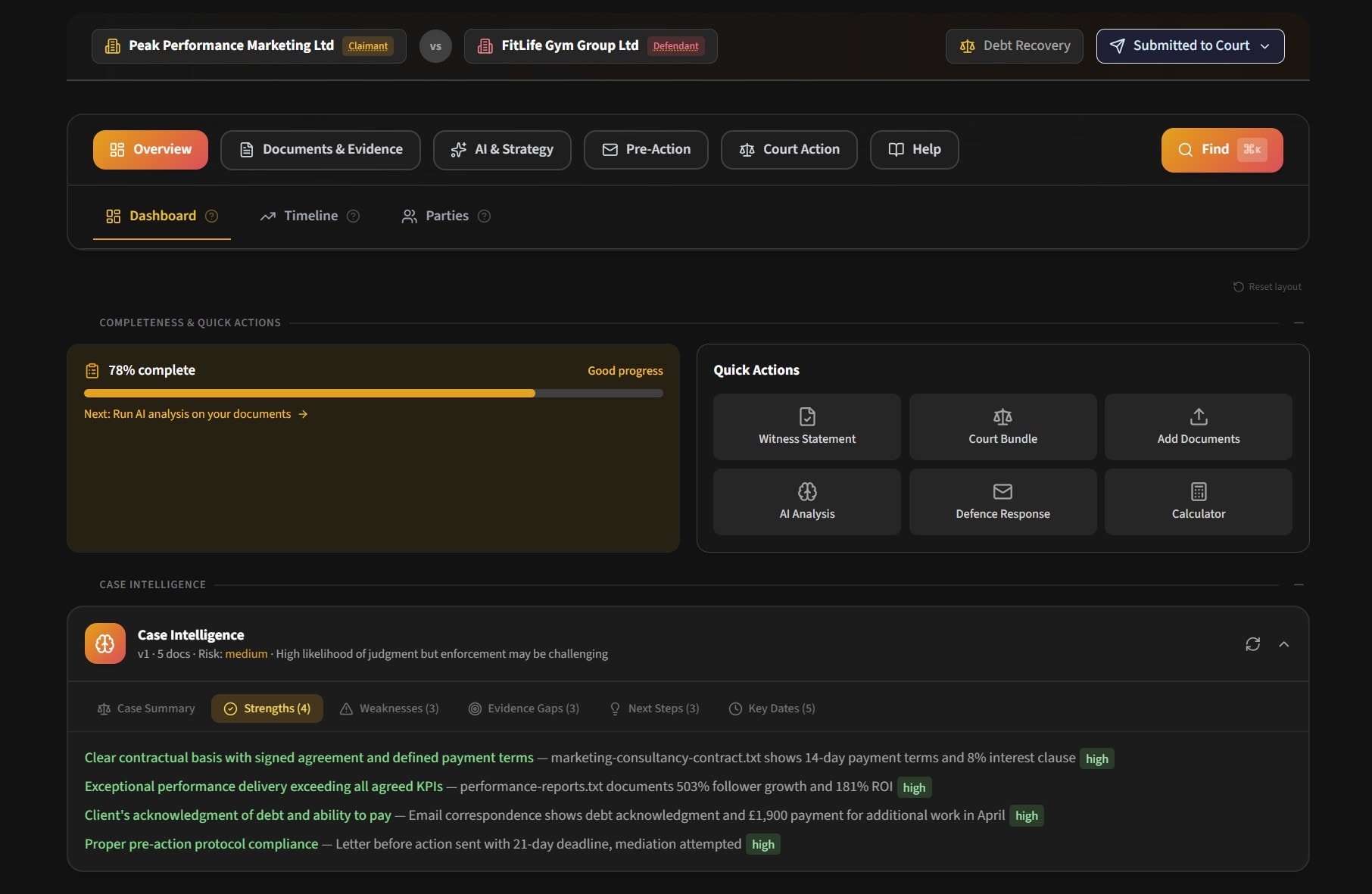 CourtPilot dashboard showing case overview with document uploads and AI analysis
