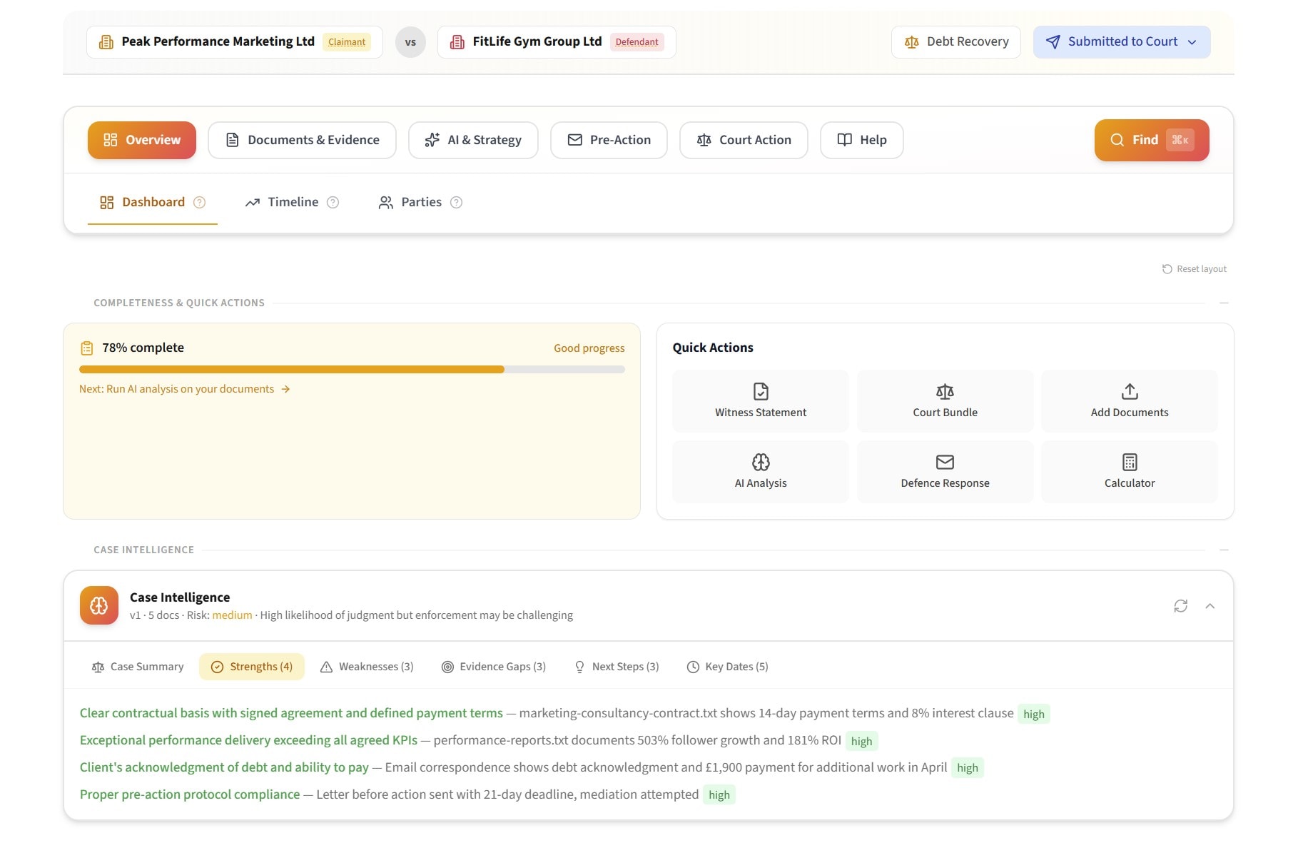 CourtPilot dashboard showing case overview with document uploads and AI analysis