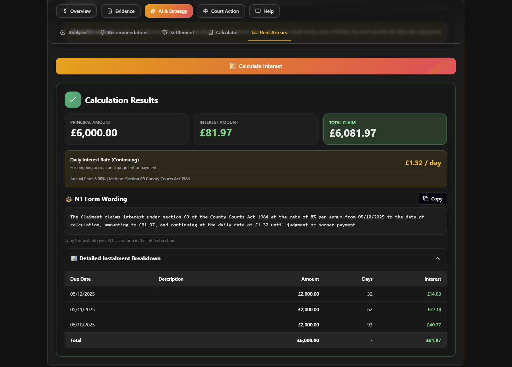 Claim calculator showing rent arrears calculation with Section 69 interest breakdown, total claim amount, and suggested wording for court forms