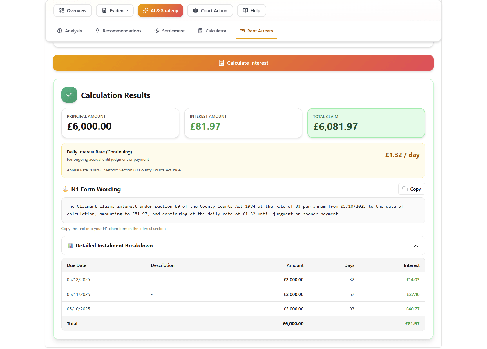 Claim calculator showing rent arrears calculation with Section 69 interest breakdown, total claim amount, and suggested wording for court forms