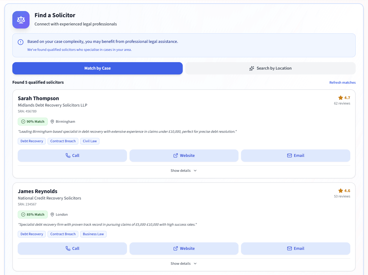 CourtPilot Find a Solicitor feature showing solicitor matching based on case complexity, practice area, and location