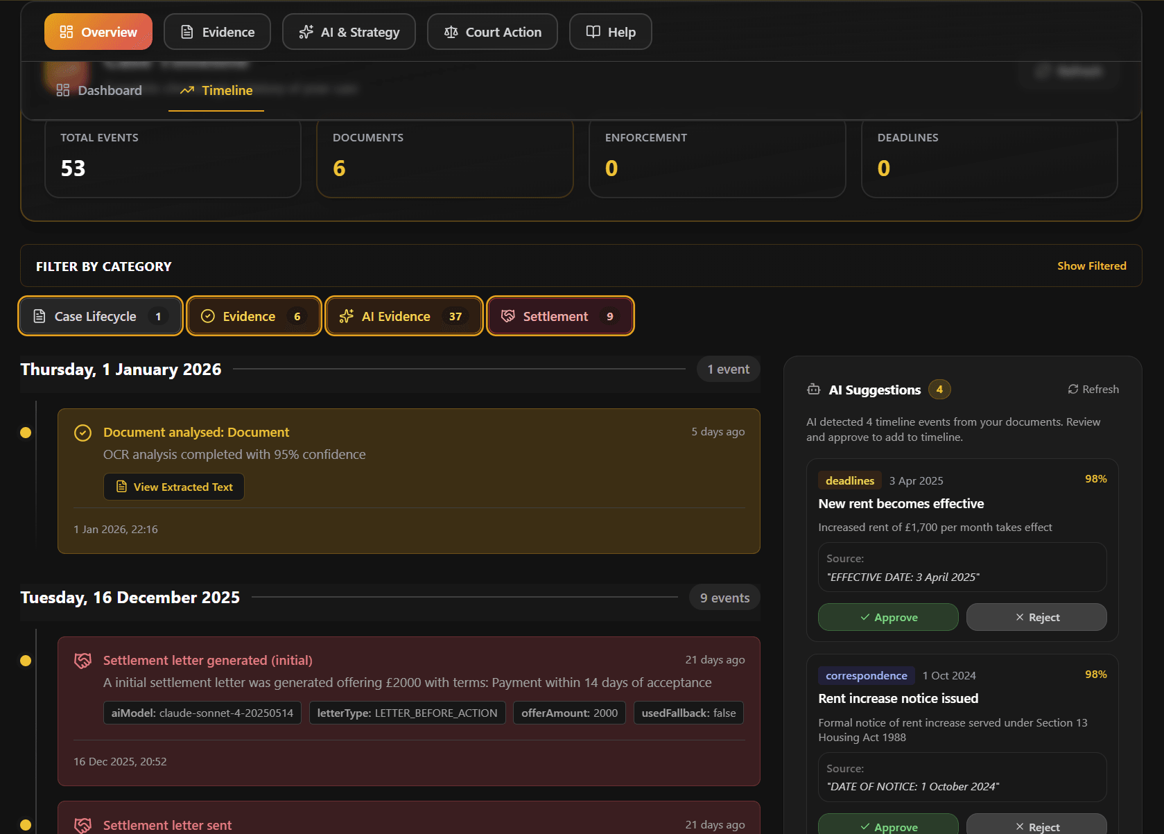 Interactive timeline showing case events in chronological order with filtering options, AI suggestions highlighted, and event details displayed