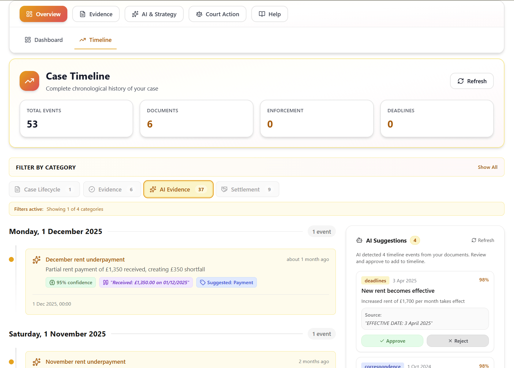 Interactive timeline showing case events in chronological order with filtering options, AI suggestions highlighted, and event details displayed