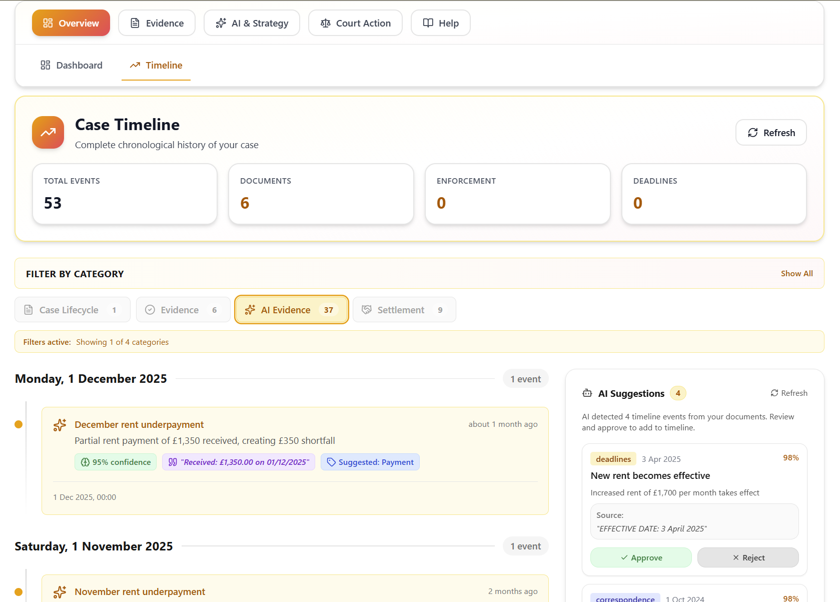 CourtPilot case timeline showing AI-suggested events awaiting approval