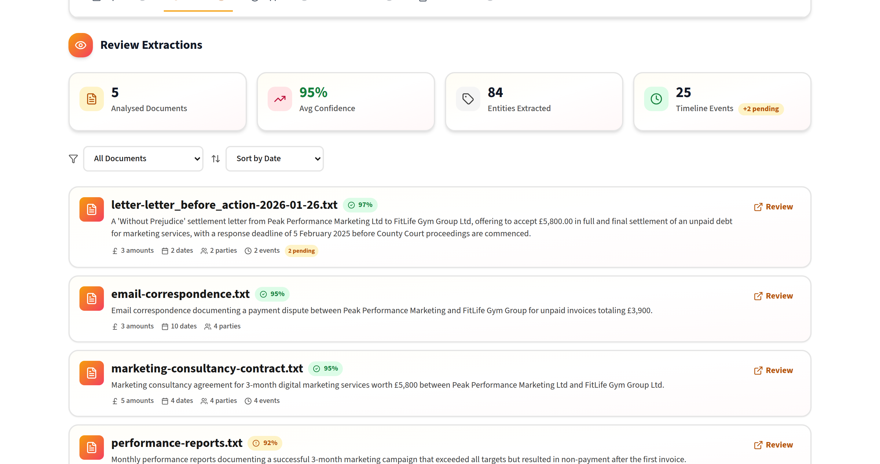 CourtPilot reads your letters, invoices, and emails — pulls out the dates, the amounts, and the names that matter for your case